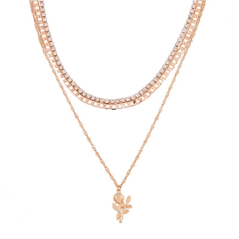 Layered Rose Pendant Rhinestone Gold Necklace - Picture 8 of 8